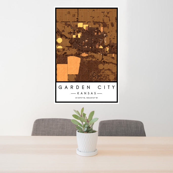 24x36 Garden City Kansas Map Print Portrait Orientation in Ember Style Behind 2 Chairs Table and Potted Plant