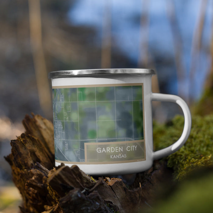Right View Custom Garden City Kansas Map Enamel Mug in Afternoon on Grass With Trees in Background