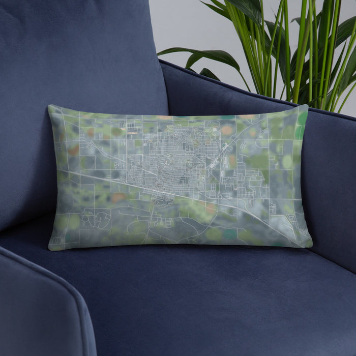 Custom Garden City Kansas Map Throw Pillow in Afternoon on Blue Colored Chair