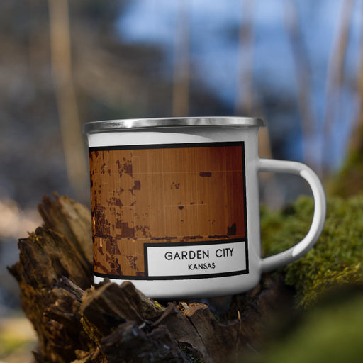 Right View Custom Garden City Kansas Map Enamel Mug in Ember on Grass With Trees in Background