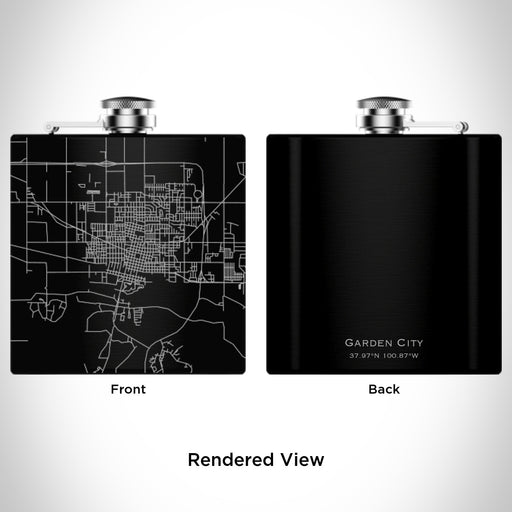 Rendered View of Garden City Kansas Map Engraving on 6oz Stainless Steel Flask in Black