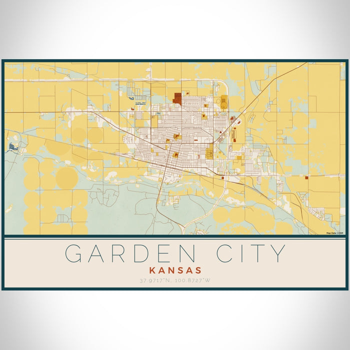 Garden City Kansas Map Print Landscape Orientation in Woodblock Style With Shaded Background