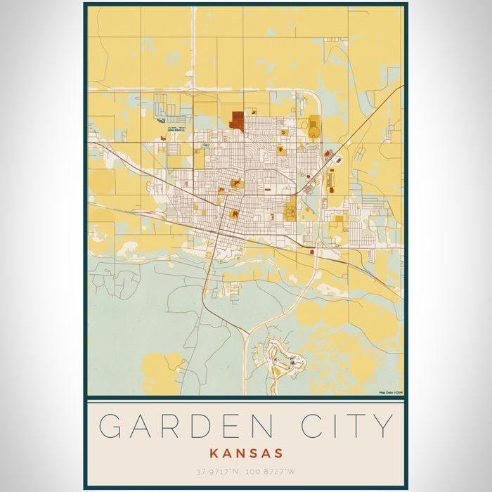 Garden City Kansas Map Print Portrait Orientation in Woodblock Style With Shaded Background