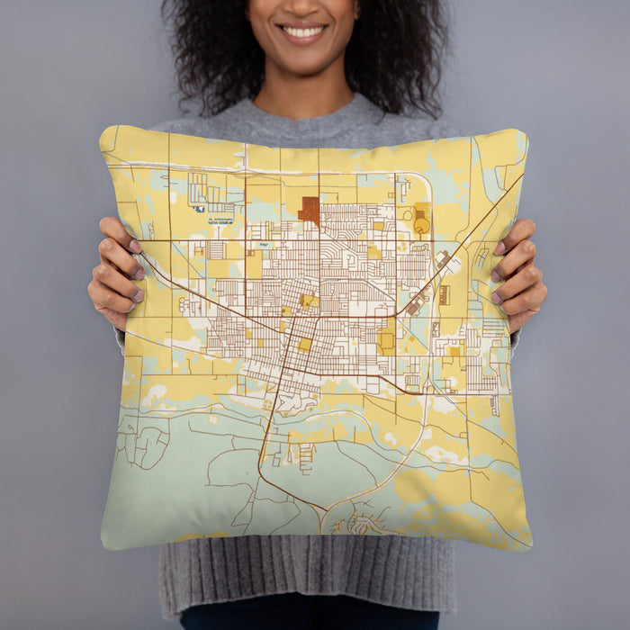 Person holding 18x18 Custom Garden City Kansas Map Throw Pillow in Woodblock