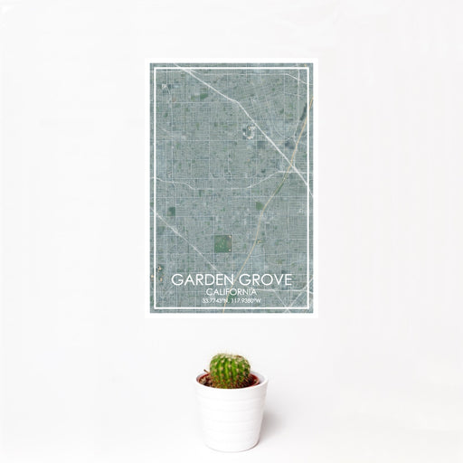 12x18 Garden Grove California Map Print Portrait Orientation in Afternoon Style With Small Cactus Plant in White Planter