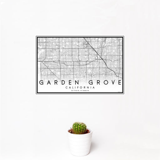 12x18 Garden Grove California Map Print Landscape Orientation in Classic Style With Small Cactus Plant in White Planter