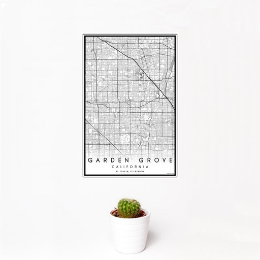 12x18 Garden Grove California Map Print Portrait Orientation in Classic Style With Small Cactus Plant in White Planter