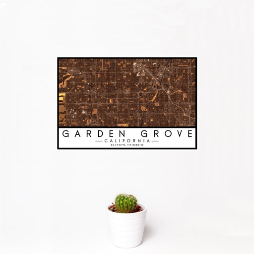 12x18 Garden Grove California Map Print Landscape Orientation in Ember Style With Small Cactus Plant in White Planter