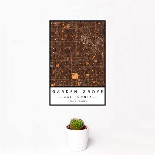 12x18 Garden Grove California Map Print Portrait Orientation in Ember Style With Small Cactus Plant in White Planter