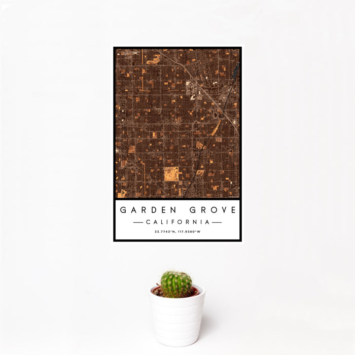 12x18 Garden Grove California Map Print Portrait Orientation in Ember Style With Small Cactus Plant in White Planter
