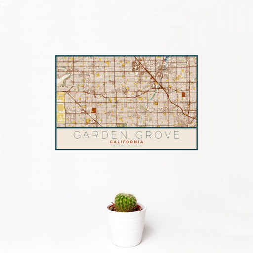 12x18 Garden Grove California Map Print Landscape Orientation in Woodblock Style With Small Cactus Plant in White Planter