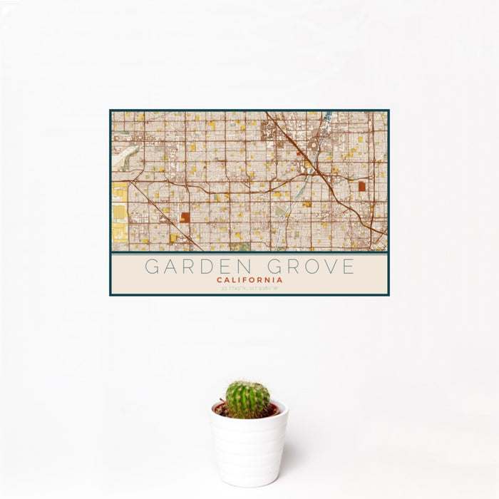 12x18 Garden Grove California Map Print Landscape Orientation in Woodblock Style With Small Cactus Plant in White Planter