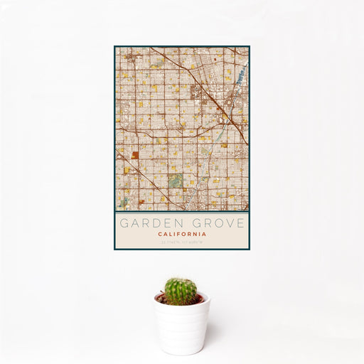 12x18 Garden Grove California Map Print Portrait Orientation in Woodblock Style With Small Cactus Plant in White Planter