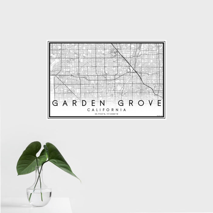 16x24 Garden Grove California Map Print Landscape Orientation in Classic Style With Tropical Plant Leaves in Water
