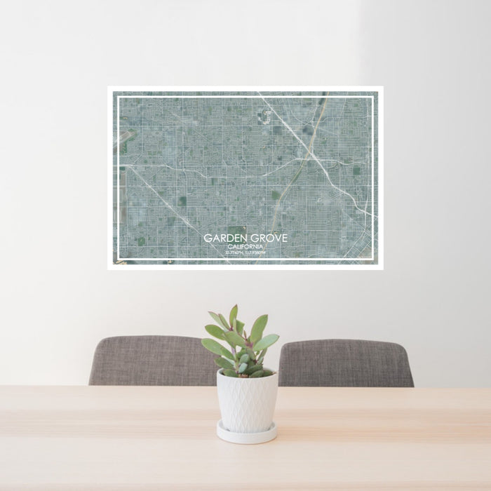24x36 Garden Grove California Map Print Lanscape Orientation in Afternoon Style Behind 2 Chairs Table and Potted Plant