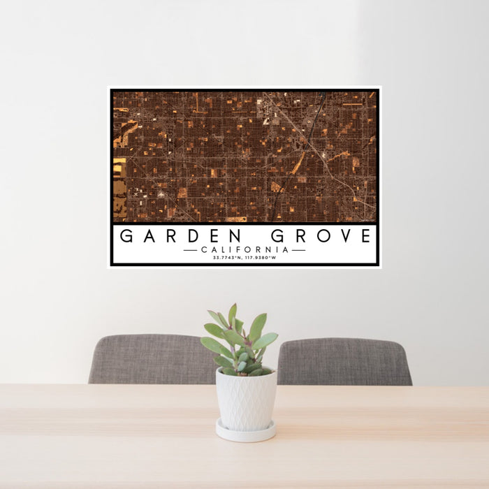 24x36 Garden Grove California Map Print Lanscape Orientation in Ember Style Behind 2 Chairs Table and Potted Plant
