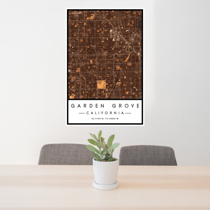 24x36 Garden Grove California Map Print Portrait Orientation in Ember Style Behind 2 Chairs Table and Potted Plant
