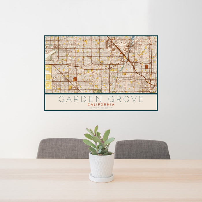 24x36 Garden Grove California Map Print Lanscape Orientation in Woodblock Style Behind 2 Chairs Table and Potted Plant