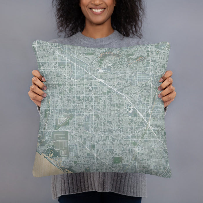Person holding 18x18 Custom Garden Grove California Map Throw Pillow in Afternoon