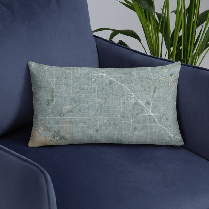 Custom Garden Grove California Map Throw Pillow in Afternoon on Blue Colored Chair