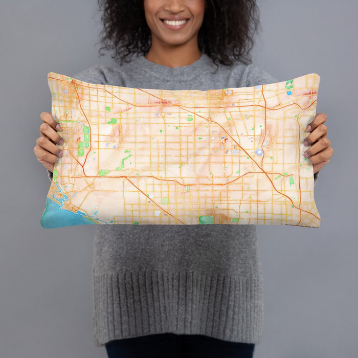 Person holding 20x12 Custom Garden Grove California Map Throw Pillow in Watercolor