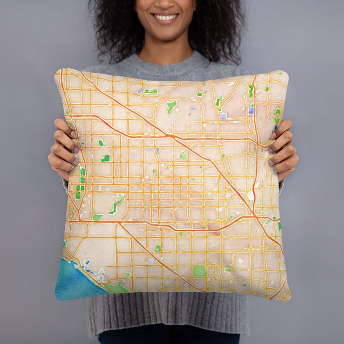 Person holding 18x18 Custom Garden Grove California Map Throw Pillow in Watercolor