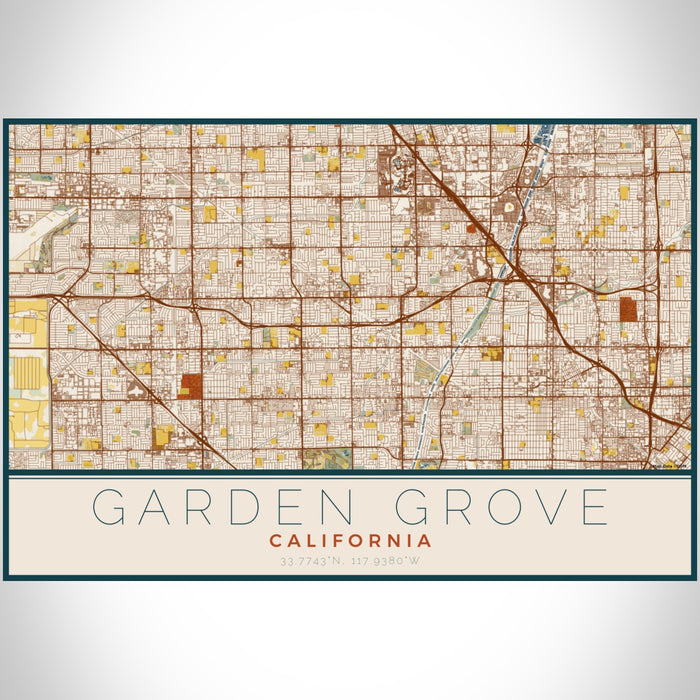 Garden Grove California Map Print Landscape Orientation in Woodblock Style With Shaded Background