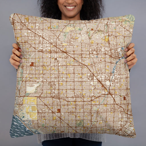 Person holding 22x22 Custom Garden Grove California Map Throw Pillow in Woodblock