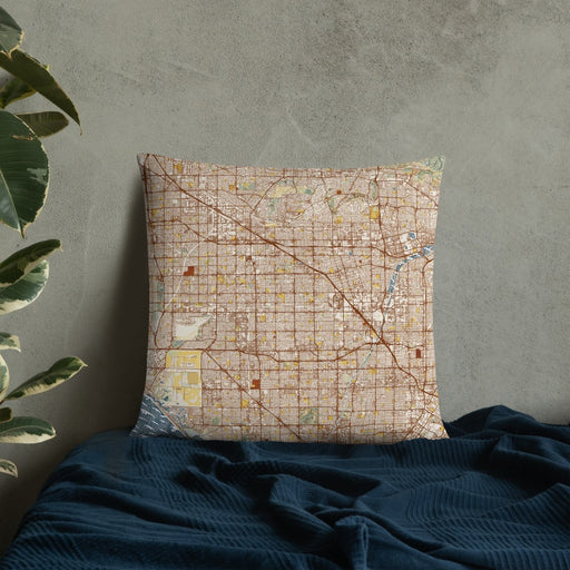 Custom Garden Grove California Map Throw Pillow in Woodblock on Bedding Against Wall