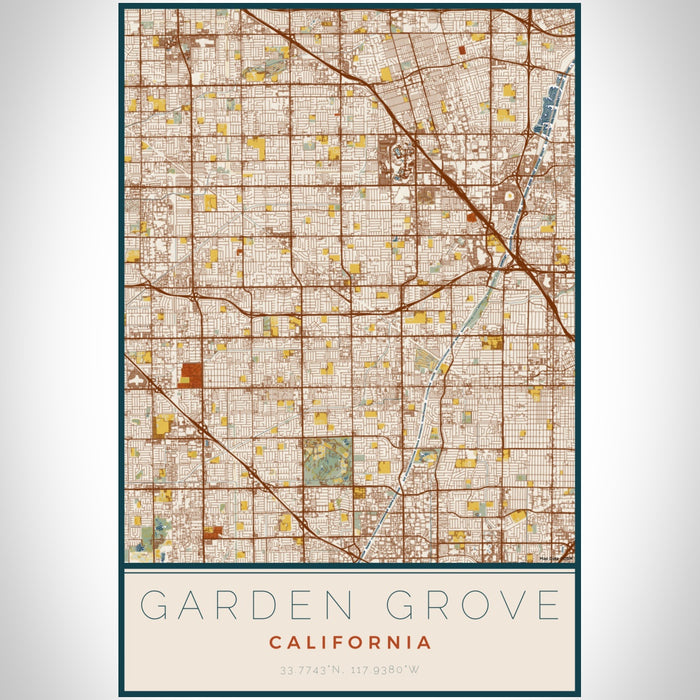 Garden Grove California Map Print Portrait Orientation in Woodblock Style With Shaded Background