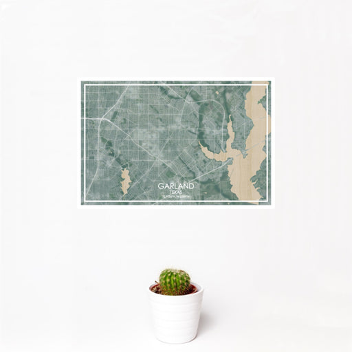 12x18 Garland Texas Map Print Landscape Orientation in Afternoon Style With Small Cactus Plant in White Planter