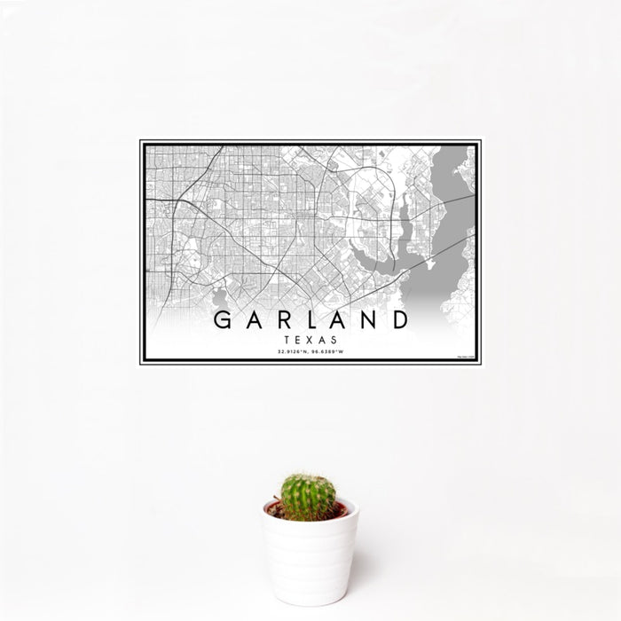 12x18 Garland Texas Map Print Landscape Orientation in Classic Style With Small Cactus Plant in White Planter