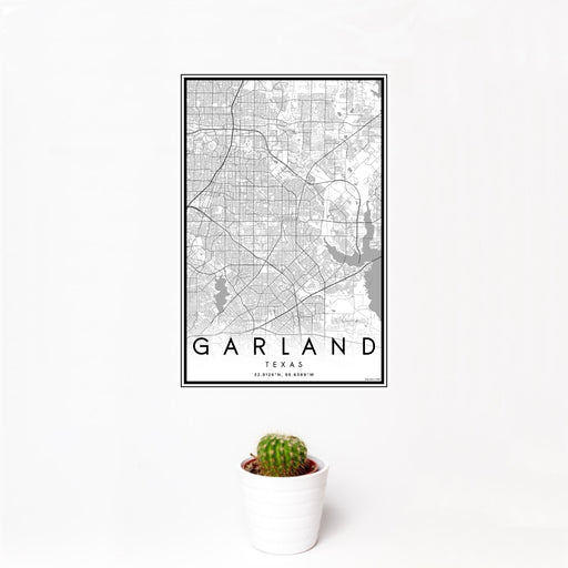 12x18 Garland Texas Map Print Portrait Orientation in Classic Style With Small Cactus Plant in White Planter
