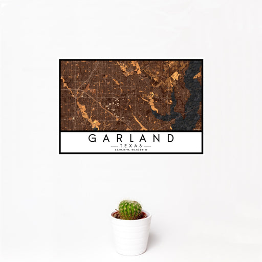 12x18 Garland Texas Map Print Landscape Orientation in Ember Style With Small Cactus Plant in White Planter