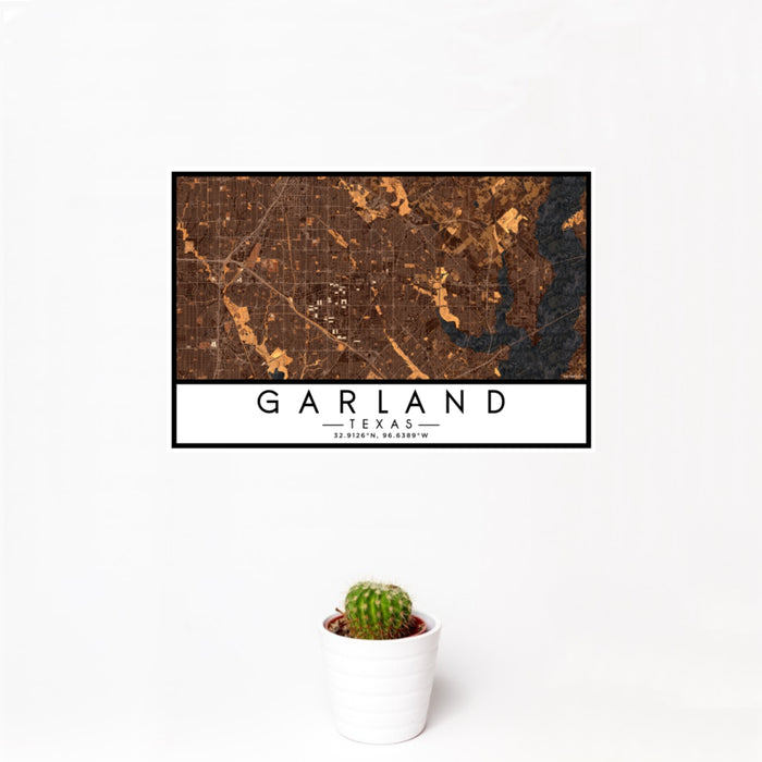 12x18 Garland Texas Map Print Landscape Orientation in Ember Style With Small Cactus Plant in White Planter