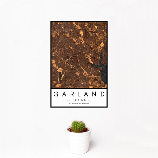 12x18 Garland Texas Map Print Portrait Orientation in Ember Style With Small Cactus Plant in White Planter
