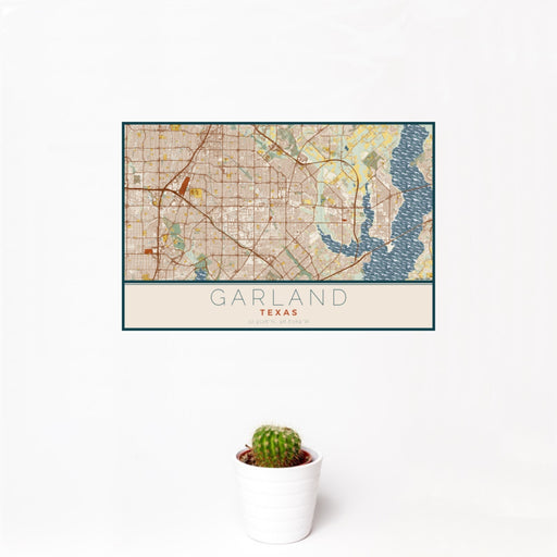 12x18 Garland Texas Map Print Landscape Orientation in Woodblock Style With Small Cactus Plant in White Planter