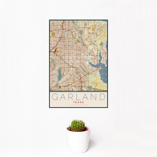 12x18 Garland Texas Map Print Portrait Orientation in Woodblock Style With Small Cactus Plant in White Planter
