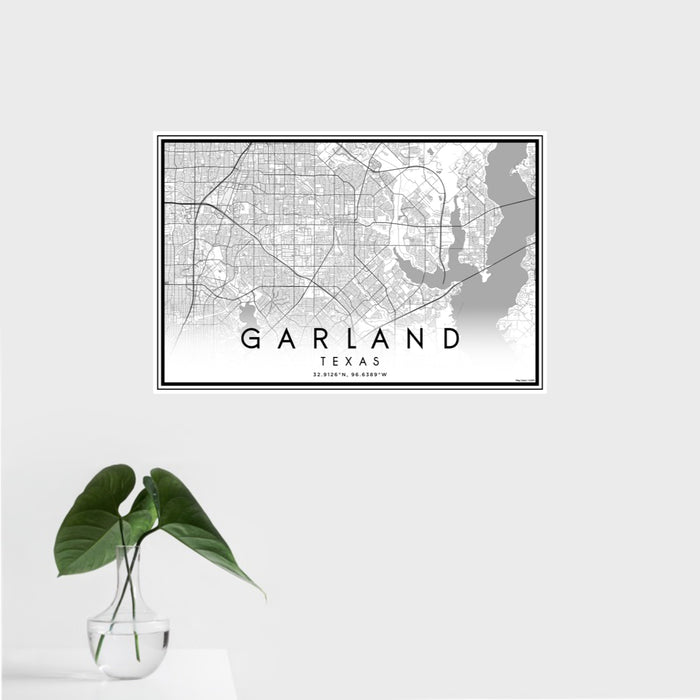 16x24 Garland Texas Map Print Landscape Orientation in Classic Style With Tropical Plant Leaves in Water