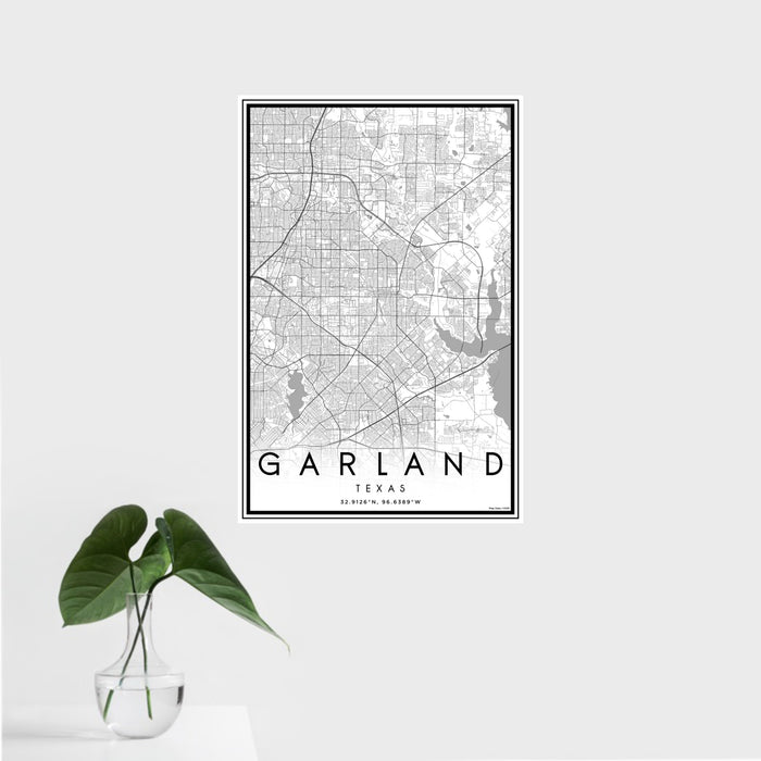 16x24 Garland Texas Map Print Portrait Orientation in Classic Style With Tropical Plant Leaves in Water