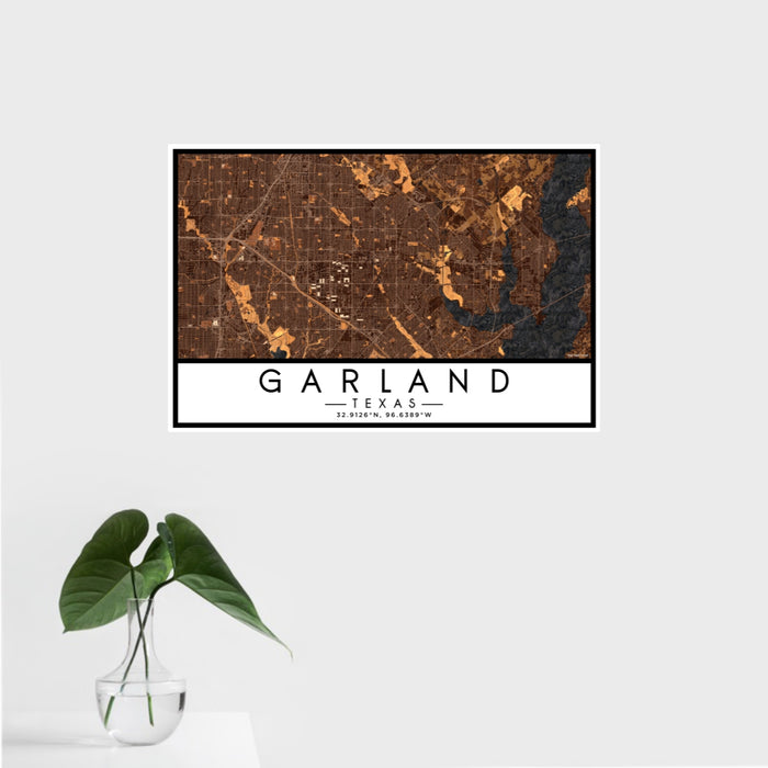 16x24 Garland Texas Map Print Landscape Orientation in Ember Style With Tropical Plant Leaves in Water