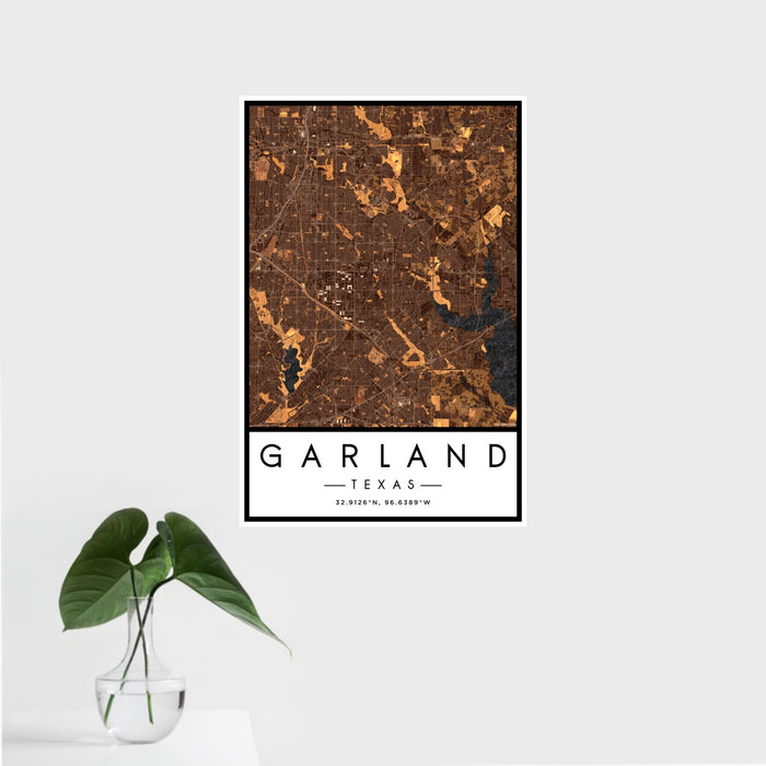 16x24 Garland Texas Map Print Portrait Orientation in Ember Style With Tropical Plant Leaves in Water