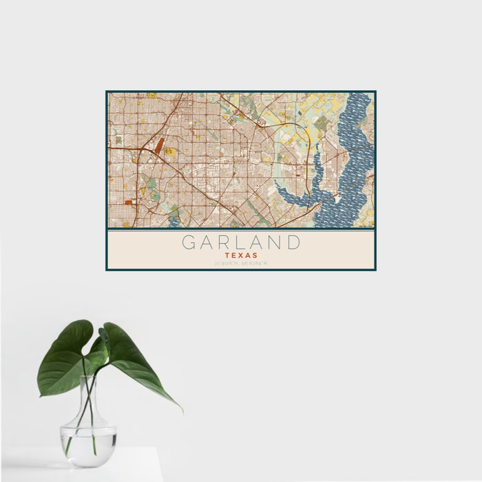 16x24 Garland Texas Map Print Landscape Orientation in Woodblock Style With Tropical Plant Leaves in Water