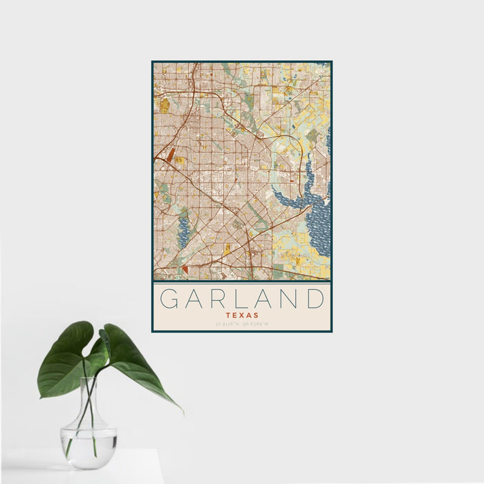 16x24 Garland Texas Map Print Portrait Orientation in Woodblock Style With Tropical Plant Leaves in Water