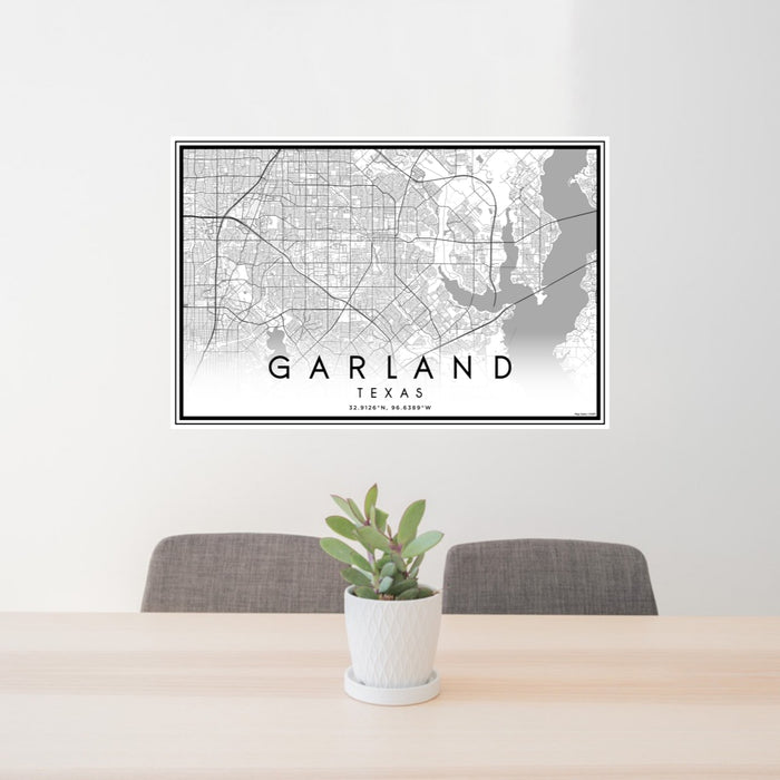 24x36 Garland Texas Map Print Lanscape Orientation in Classic Style Behind 2 Chairs Table and Potted Plant