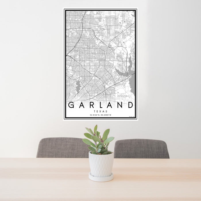 24x36 Garland Texas Map Print Portrait Orientation in Classic Style Behind 2 Chairs Table and Potted Plant
