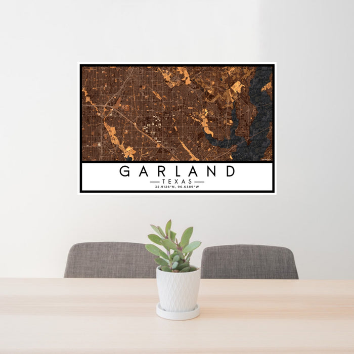 24x36 Garland Texas Map Print Lanscape Orientation in Ember Style Behind 2 Chairs Table and Potted Plant