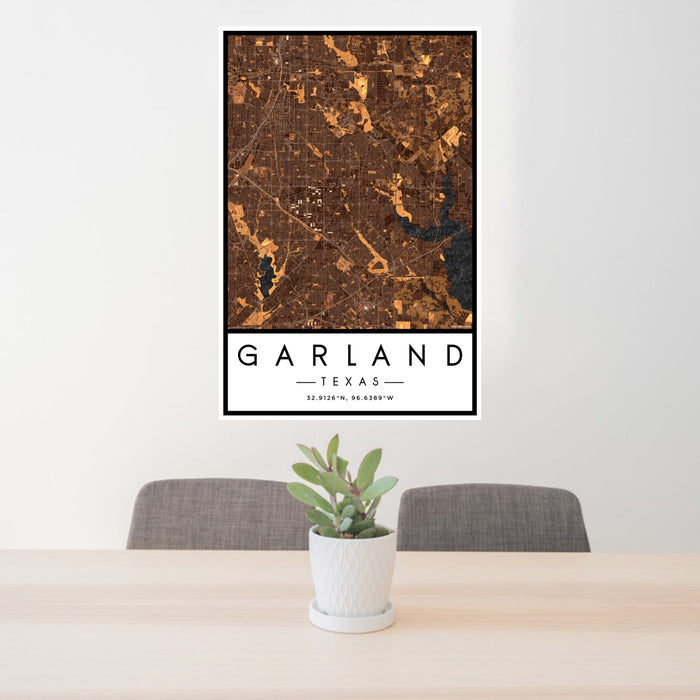 24x36 Garland Texas Map Print Portrait Orientation in Ember Style Behind 2 Chairs Table and Potted Plant