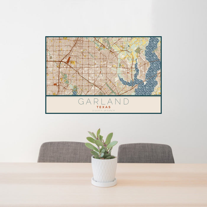 24x36 Garland Texas Map Print Lanscape Orientation in Woodblock Style Behind 2 Chairs Table and Potted Plant