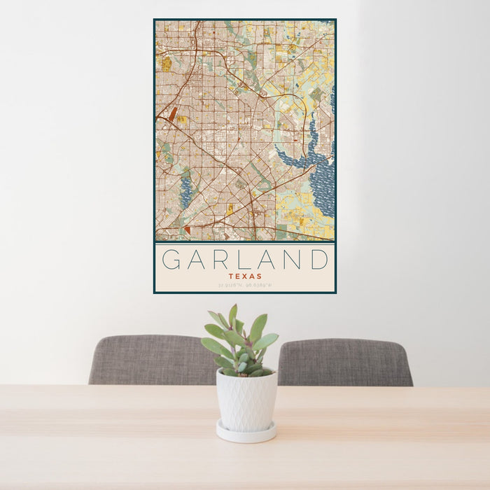 24x36 Garland Texas Map Print Portrait Orientation in Woodblock Style Behind 2 Chairs Table and Potted Plant
